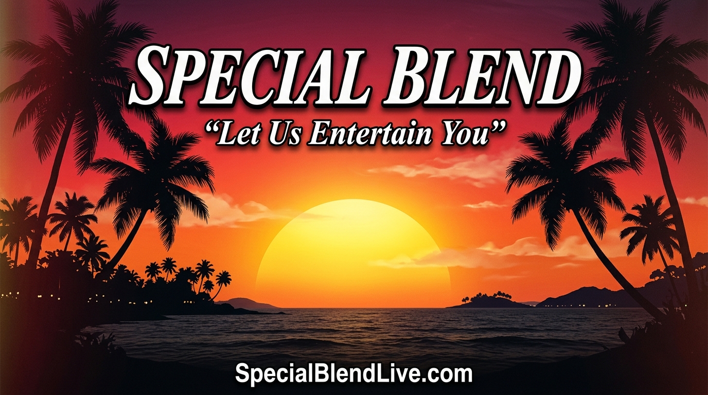 Special Blend — Let Us Entertain You — SpecialBlendLive.com Tropical Sunset & Palm Trees Stage Banner